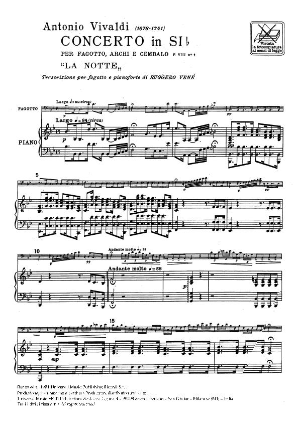 Concerto 'La Notte' in Sib per Fagotto, Archi e BC - Rv 501 - F.VIIi-1 - Tomo 12 - Riduzione per Fagotto e Pianoforte - fagot a klavír